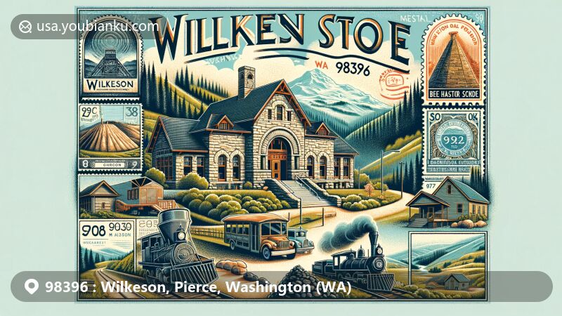 Modern illustration of Wilkeson, Washington, centered on the historic Wilkeson School built from local sandstone, surrounded by coal and sandstone elements, bee hive coke ovens, and a quaint small-town ambiance, against a backdrop of Mt. Rainier National Park scenery.