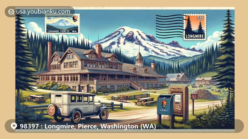Modern illustration of Longmire, Pierce, Washington, featuring Mount Rainier National Park with postal theme, showcasing Longmire Administration Building and National Park Inn.