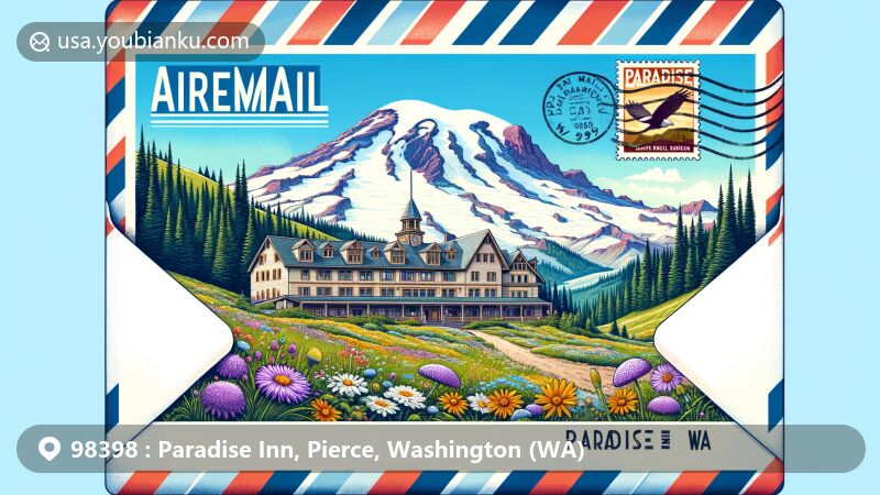 Modern illustration of Paradise Inn, surrounded by lush meadows in Mount Rainier National Park, Washington, featuring postal theme with Mount Rainier postage stamp and Paradise Inn, WA 98398 postmark.