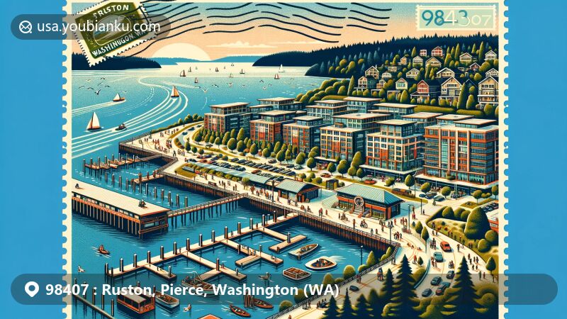 Modern illustration of Ruston, WA 98407, featuring Point Ruston and the Ruston Way Waterfront, showcasing vibrant community life and scenic beauty.