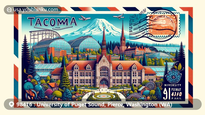 Vibrant illustration of University of Puget Sound in Tacoma, Washington, designed as an air mail envelope with ZIP code 98416, showcasing Tudor-Gothic architecture, Mount Rainier backdrop, and Pacific Northwest symbols.