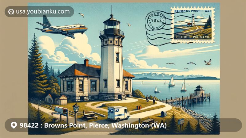 Modern illustration of Browns Point, WA, showcasing iconic Browns Point Lighthouse and surrounding park. Features vintage air mail envelope with stamp and ZIP code 98422, blending navigation and communication themes.