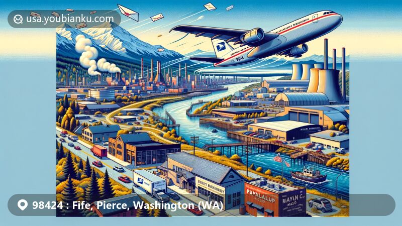 Modern illustration of Fife, Pierce County, Washington, highlighting ZIP code 98424 and regional elements, featuring industrial facilities, car dealerships, Fife History Museum, Puyallup Indian Reservation, and postal motifs like mail envelopes and postcards with cultural symbols.