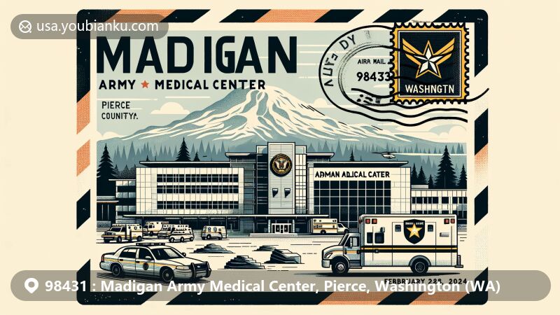 Modern illustration of Madigan Army Medical Center in ZIP code 98431, Pierce County, Washington, featuring Mount Rainier, state flag, postal elements, and military vehicle silhouette.