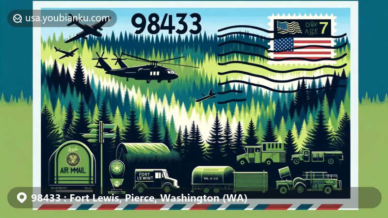 Modern illustration of Fort Lewis, Pierce County, Washington, highlighting lush Pacific Northwest scenery with military heritage, Washington state flag, and postal theme with ZIP code 98433.