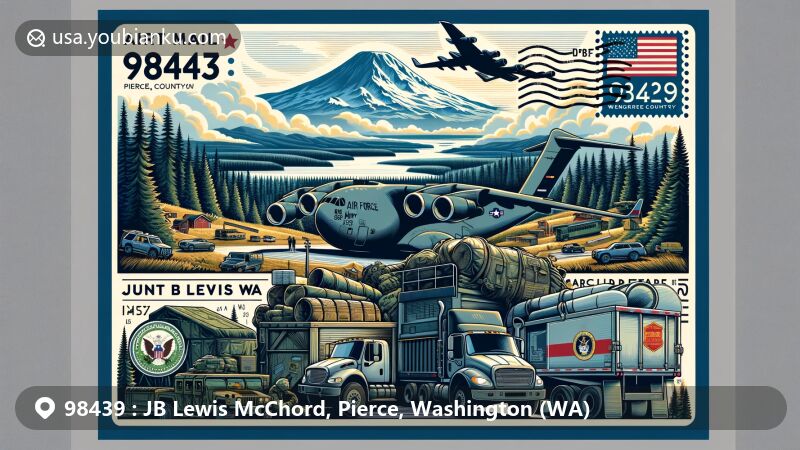 Modern illustration of Joint Base Lewis-McChord, Pierce County, Washington, showcasing military and natural beauty in the Pacific Northwest, with a central theme of an air mail envelope featuring ZIP code 98439, including representations of Fort Lewis, McChord Air Force Base, C-17 Globemaster III aircraft, and Mount Rainier.