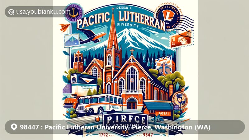 Modern illustration of Pacific Lutheran University in Pierce, Washington, highlighting academic excellence and postal theme with historic Eastvold Chapel and Choir of the West, against backdrop of Mount Rainier.