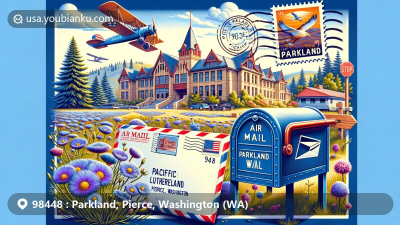 Modern illustration of Parkland, Pierce, Washington, showcasing natural beauty, with Parkland Prairie, Garry Oak trees, blue camas flowers, and Pacific Lutheran University, blended with postal theme featuring vintage air mail envelope and postage stamp showing Old Parkland School, symbolizing educational history.