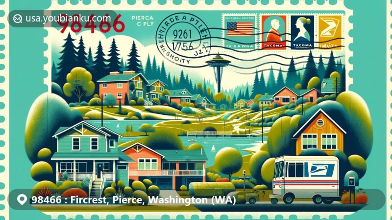 Modern illustration of Fircrest, Pierce County, Washington, featuring community vibrancy, Fircrest Golf Club, and postal elements for ZIP code 98466.