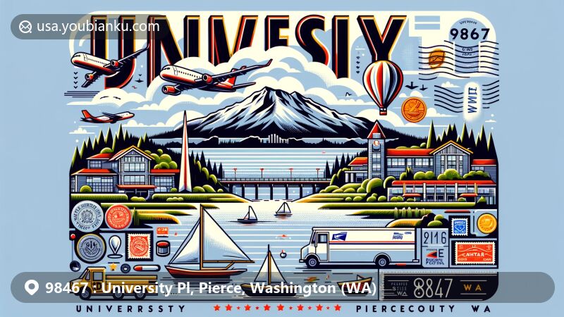 Modern illustration of University Place, Pierce County, Washington, featuring ZIP code 98467, showcasing scenic Puget Sound, Olympic Mountains, Mount Rainier, postal theme with postcard shape, airmail envelope, stamps, postal truck, and Chambers Bay golf course.