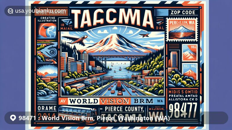 Modern illustration of World Vision Brm, Tacoma, Pierce County, Washington, capturing postal theme with ZIP code 98471, highlighting Mount Rainier, Tacoma Narrows Bridge, urban landscape, and Pacific Northwest's natural beauty.