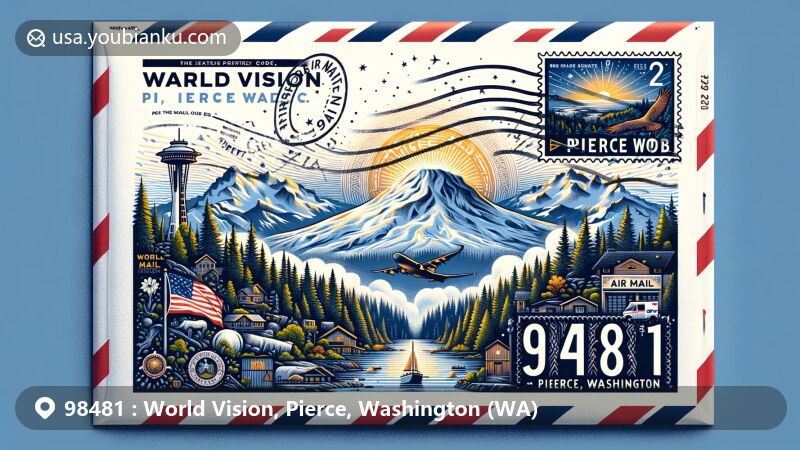Creative illustration inspired by ZIP Code 98481 for World Vision, Pierce, Washington. Air mail envelope design depicting Pierce County's natural scenery, Washington state flag, and Mount Rainier. Modern, web-friendly style with postal elements and ZIP Code.