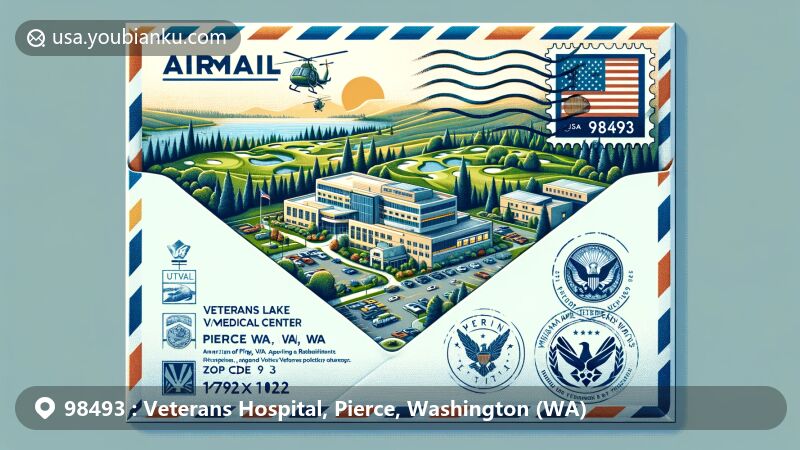 Modern illustration of Veterans Hospital, Pierce, Washington (WA), depicting postal theme with ZIP code 98493, showcasing American Lake VA Medical Center and Veterans Golf Course.