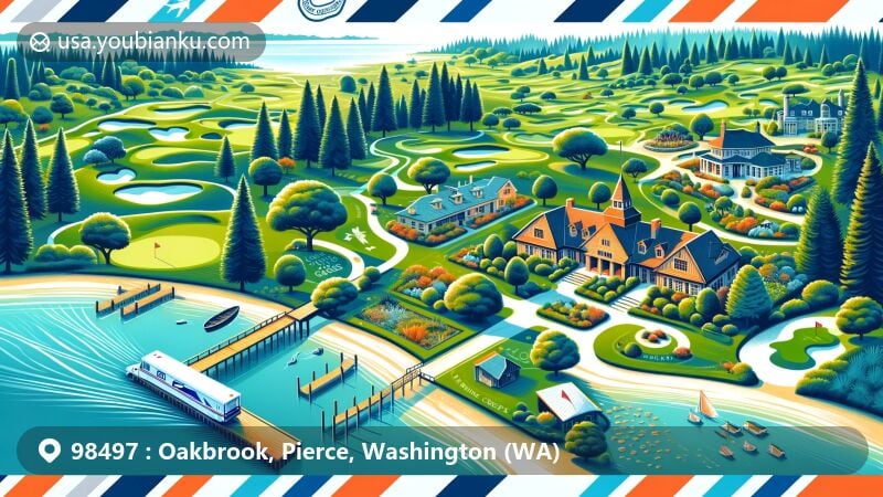 Modern illustration showcasing Oakbrook, Pierce County, WA with golf course, Fort Steilacoom, wildlife area, Lakewold Gardens, and Chambers Creek Trail, integrating postal theme with a postal truck, mailbox, and stamps.