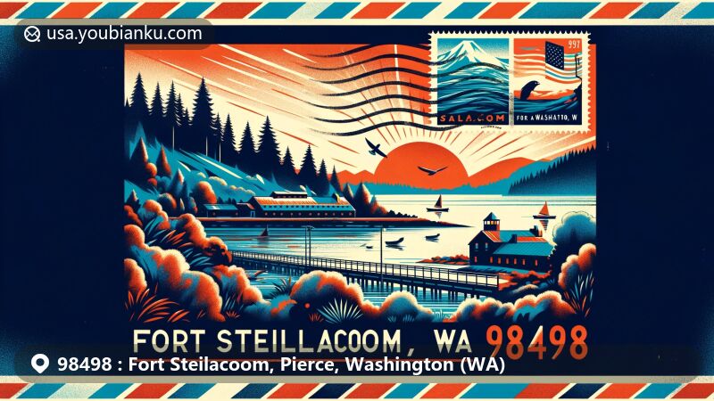Modern illustration of Fort Steilacoom, Washington, featuring ZIP code 98498, with iconic Fort Steilacoom silhouette and natural scenery of Fort Steilacoom Park, including a lake and trees, in a vibrant and detailed postal theme.