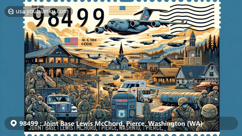 Modern illustration of Joint Base Lewis McChord, Pierce, Washington, showcasing military presence with I Corps, 62nd Airlift Wing, C-17 Globemaster III aircraft, 1st Special Forces Group, Stryker Brigade Combat Teams, Historic Fort Steilacoom, Lakewold Gardens, and Lakewood Veterans Memorial.