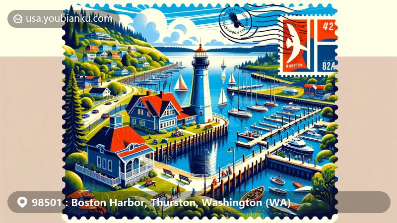 Modern illustration of Boston Harbor, Thurston County, Washington, highlighting exurban ambiance with Dofflemyer Point Lighthouse, Boston Harbor Marina, and lush Pacific Northwest greenery.