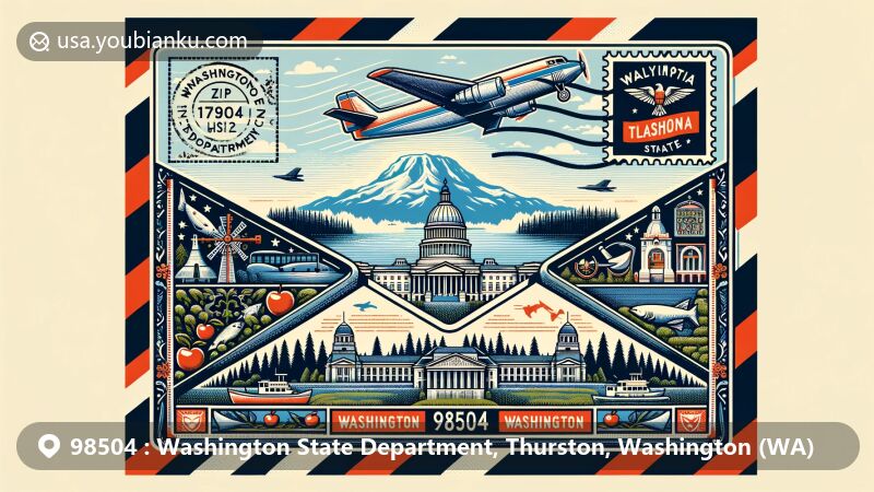 Modern illustration of ZIP code 98504, Thurston County, Washington, featuring aviation envelope symbolizing postal communication, with state Capitol building and Mount Rainier in background, bordered by Washington state symbols.