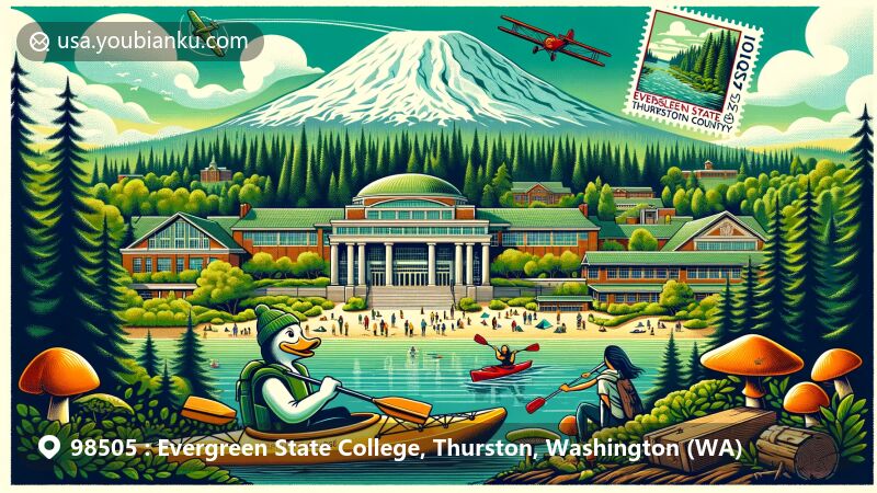 Modern illustration of Evergreen State College area in ZIP code 98505, showcasing iconic architecture amidst Pacific Northwest forest, students kayaking in Puget Sound, wild mushroom picking, and Mount Rainier in the background.