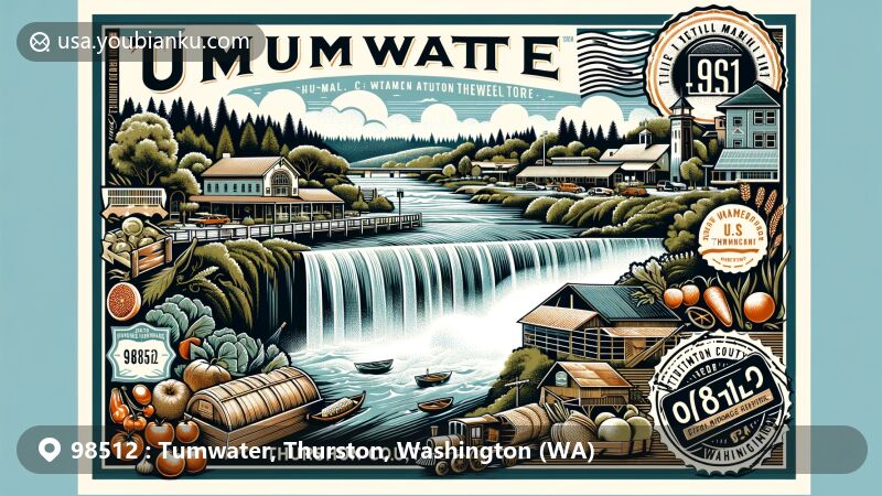 Modern illustration of Tumwater, Thurston County, Washington, displaying postal theme with ZIP code 98512, featuring Tumwater Falls, local agriculture symbols, and Pacific Northwest landscape.