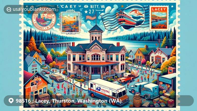 Modern illustration of Lacey, Washington, showcasing postal theme with landmarks, Nisqually River, Lacey Museum, Cultural Celebration, vintage postage stamps, mail delivery truck, and lush greenery, reflecting sustainability and diverse heritage.