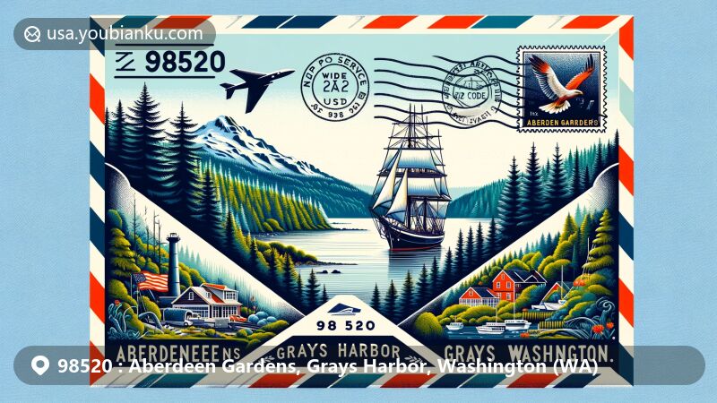 Modern illustration of Aberdeen Gardens, Grays Harbor, Washington, highlighting postal theme with ZIP code 98520, featuring Olympic Peninsula forests, scenic coastline, and the Lady Washington tall ship.