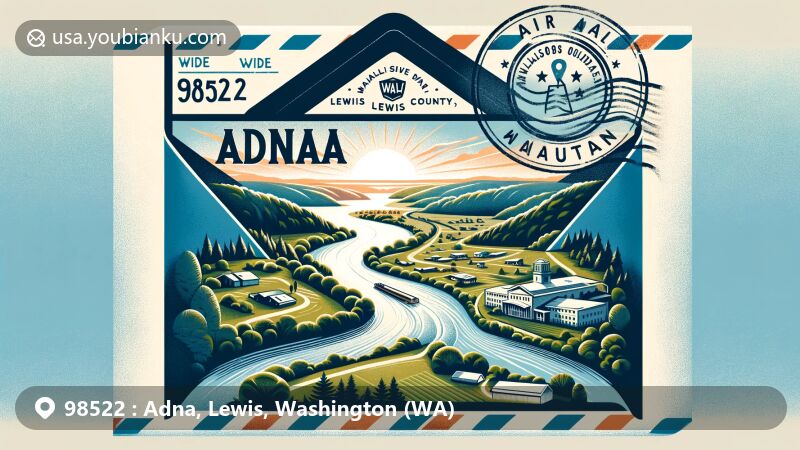 Vibrant illustration of Adna area, Lewis County, Washington, merging postal themes with local landmarks. Stylized airmail envelope opens to reveal Chehalis River and Willapa Hills Trail, highlighting Adna High School and lush Washington State greenery.