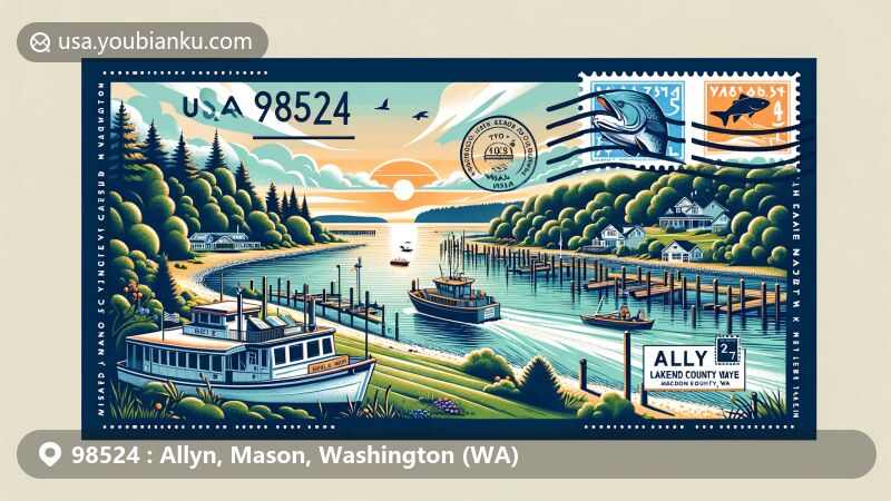 Modern illustration of Allyn, Mason County, Washington, showcasing postal theme with ZIP code 98524, featuring Allyn's waterfront, Port of Allyn, Allyn Days Salmon Bake and Fair, Lakeland Village's golf course, and Puget Sound's natural beauty.