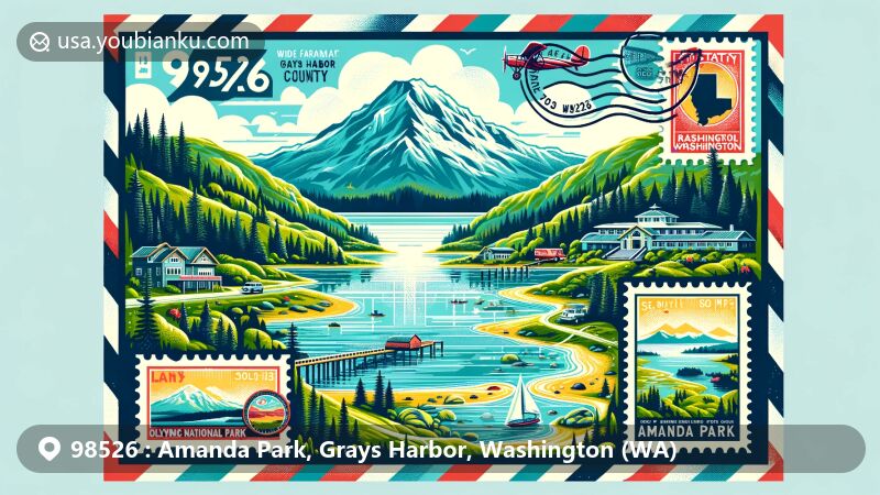 Modern illustration of Amanda Park, Grays Harbor County, Washington, highlighting natural beauty and postal heritage, with Olympic National Park and Lake Quinault.