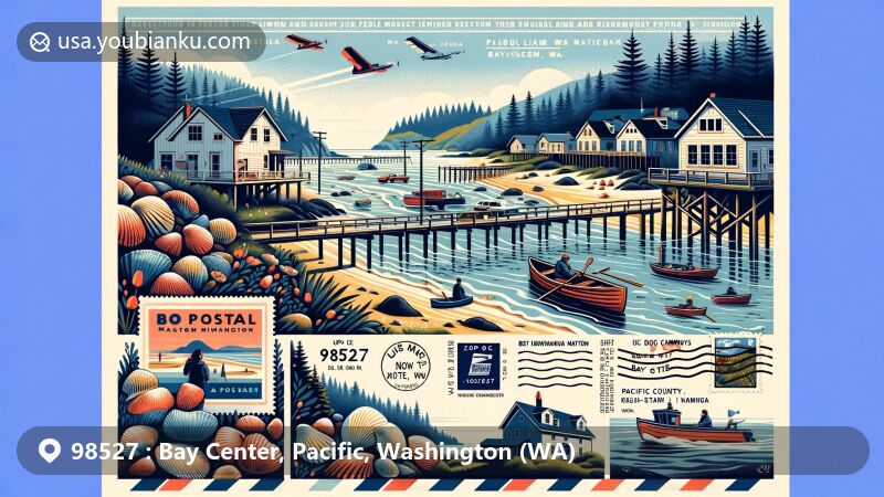 Modern illustration of Bay Center, Washington, capturing the serene charm and coastal activities of the region, with a focus on the Chinook Indian Nation's cultural significance and postal theme with ZIP code 98527.