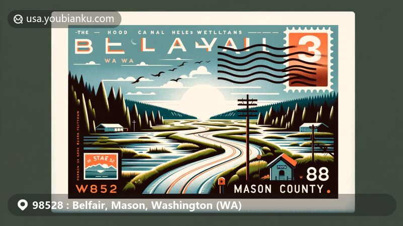 Modern illustration of Belfair, Mason County, Washington, showcasing Hood Canal Theler Wetlands as a backdrop with State Route 3, vintage stamp with ZIP code 98528, postal mark, and mailbox design.
