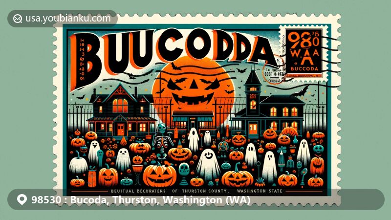 Modern illustration of Bucoda, Washington, showcasing small-town charm within Thurston County's lush greenery, along the Skookumchuck River. Features historical prison, Halloween festivities, postal elements, and timber industry.
