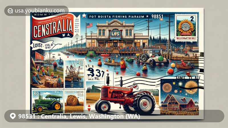 Modern illustration of Centralia, Lewis County, Washington, showcasing Fort Borst Park with Lions Fishing Derby, King Agricultural Museum, Evergreen Playhouse, and Annual Lighted Tractor Parade, along with postal elements like vintage air mail border and Washington state flag stamp.