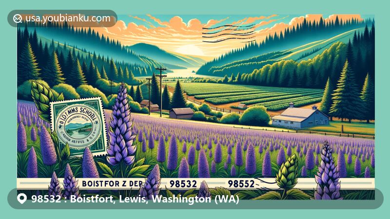 Modern illustration of Boistfort, Lewis County, Washington, featuring blooming camas flowers in the vibrant Boistfort Valley, vintage hop farming scene, and a warm sunset sky, with nods to educational heritage and ZIP Code 98532.