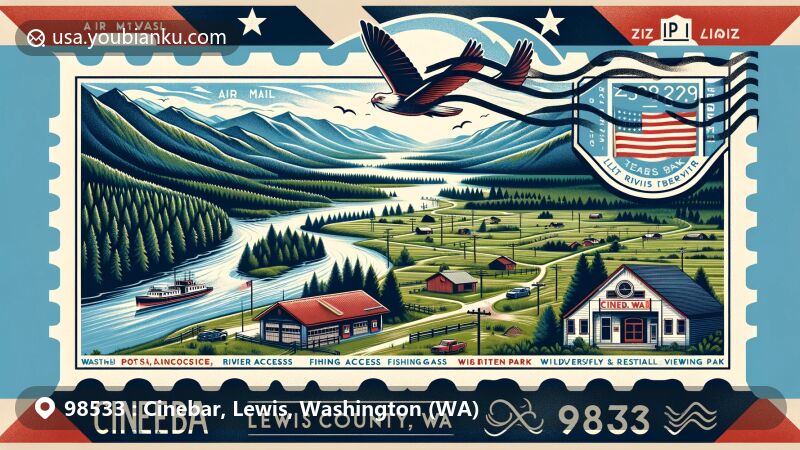 Modern illustration of Cinebar, Lewis County, Washington, showcasing natural beauty and community infrastructure with Tilton River State Park, State Route 508 landmarks, and postal elements.