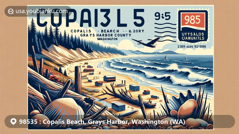 Modern illustration of Copalis Beach, Grays Harbor County, Washington, capturing the essence of ZIP code 98535 area with natural scenery, including sand dunes, driftwood, and Pacific Northwest coast surf, combining postal elements in a vibrant style suitable for web pages.