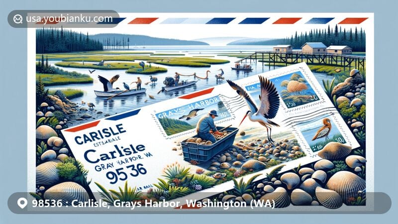 Modern illustration of Carlisle, Grays Harbor, Washington, showcasing postal theme with ZIP code 98536, featuring Carlisle Lakes' natural beauty and postal elements. The foreground presents a beautifully designed airmail envelope open to reveal the 98536 ZIP code. Inside the envelope is a vibrant stamp depicting stylized representations of Grays Harbor, including subtle nods to local wildlife like birds found in the Grays Harbor National Wildlife Refuge. It also portrays the popular local clam digging activity, reflecting the area's deep cultural connection to the ocean. This artwork is perfect for celebrating the unique charm of Carlisle, Grays Harbor on a webpage, both engaging and informative.