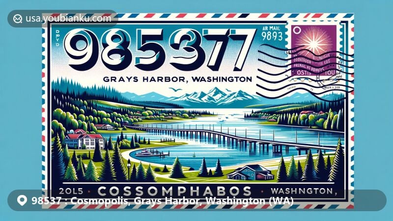 Modern illustration of Cosmopolis, Grays Harbor, Washington, featuring Chehalis River and Olympic Mountains, styled as a postcard with ZIP code 98537, showcasing natural beauty and local symbols.