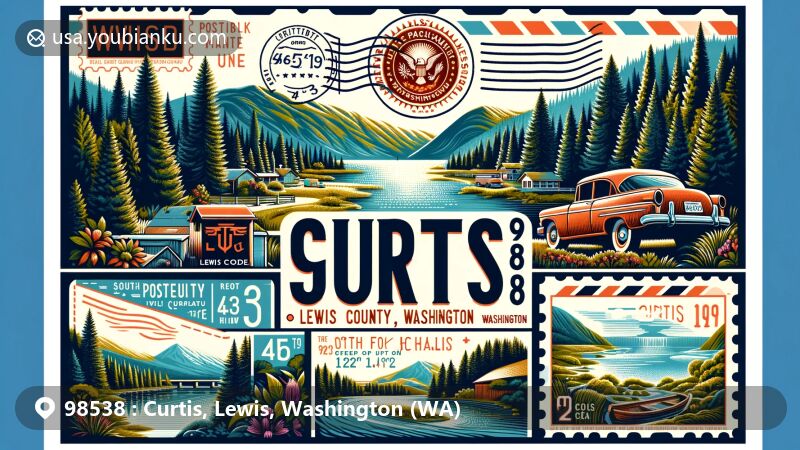 Modern illustration of Curtis, Lewis County, Washington, showcasing postal theme with ZIP code 98538, featuring rolling hills, evergreen trees, lakes, and South Fork Chehalis River.
