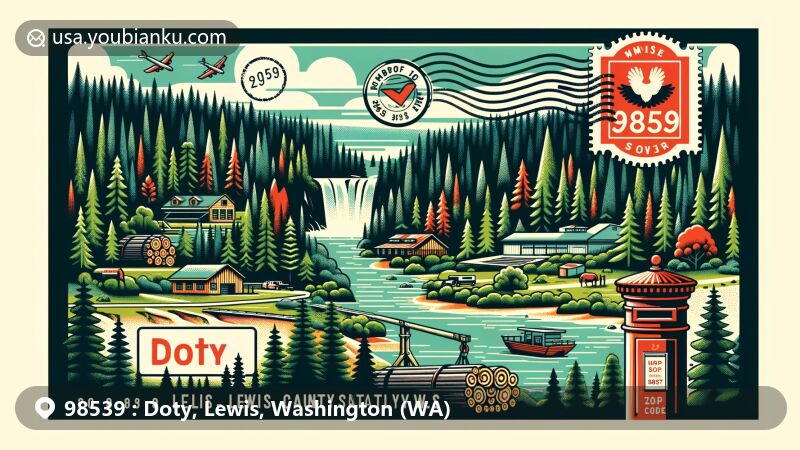 Modern illustration of Doty, Lewis County, Washington, with ZIP code 98539, featuring postcard design highlighting dense forests, logging industry, and Rainbow Falls State Park.