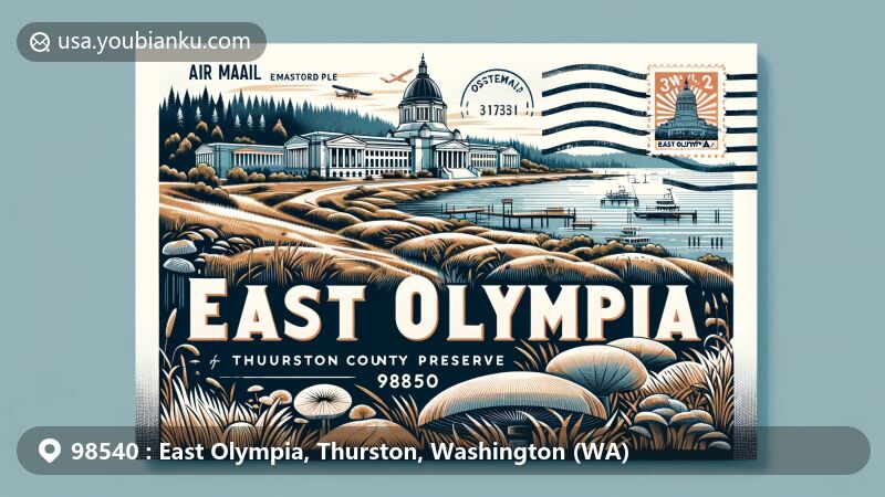 Modern illustration of East Olympia, Thurston County, Washington, with ZIP code 98540, featuring Washington State Capitol, Mima Mounds Natural Area Preserve, South Sound Estuarium, and postal elements.
