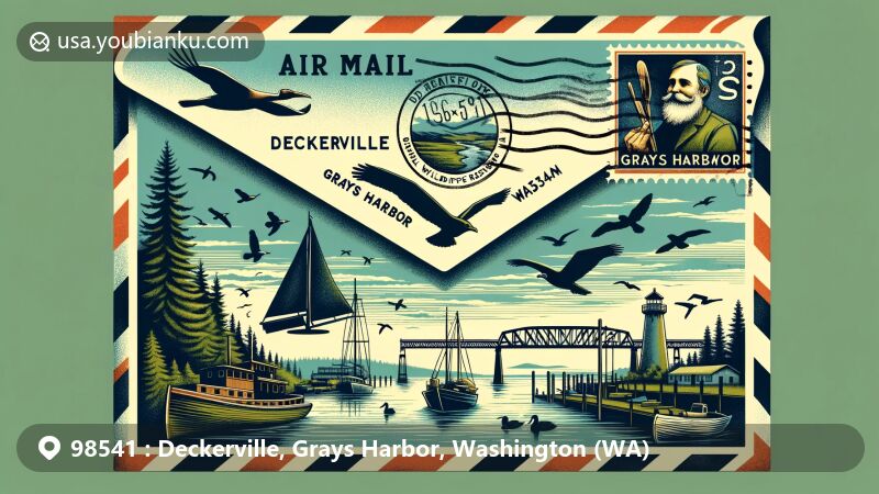 Modern illustration of Deckerville, Grays Harbor, Washington, featuring air mail envelope with vintage lumberjack, bird-watching theme, and Washington State symbol.