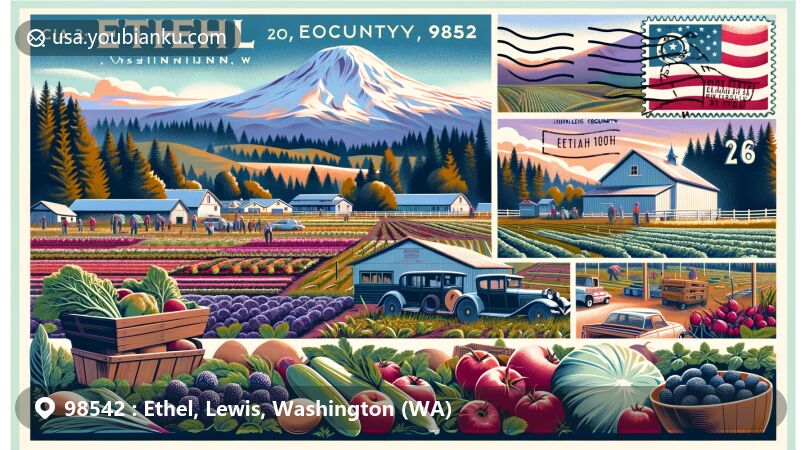 Modern illustration of Ethel, Washington, showcasing its agricultural wealth and scenic beauty with ZIP code 98542, featuring sustainable farming practices, ACYS Farms produce, Mt. St. Helens, and Mt. Rainier views.