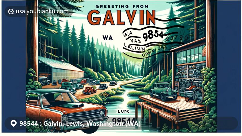 Modern illustration of Galvin, Washington, showcasing the beauty of its natural surroundings with Lincoln Creek and the Chehalis River, featuring the iconic Busek Auto Museum and lush green forests.