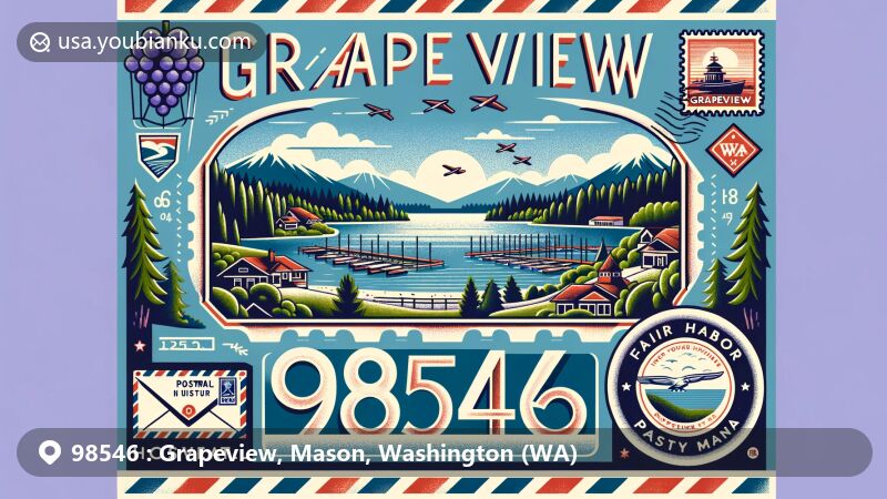 Modern illustration of Grapeview, Washington, inspired by ZIP code 98546, featuring Mason Lake and local landmarks, merging natural beauty and postal elements.