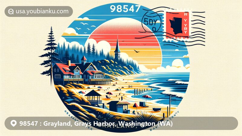 Modern illustration of Grayland, Washington, highlighting coastline of Grayland Beach State Park with postal theme depicting ZIP code 98547 and featuring iconic symbols of Grays Harbor County.