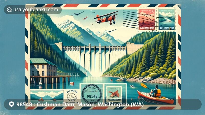 Modern illustration of Cushman Dam area, ZIP code 98548, Mason County, Washington, showcasing Lake Cushman's scenic beauty, Cushman Dam No. 1 and No. 2, with postal elements like vintage airmail envelope, stamp, and postmark.