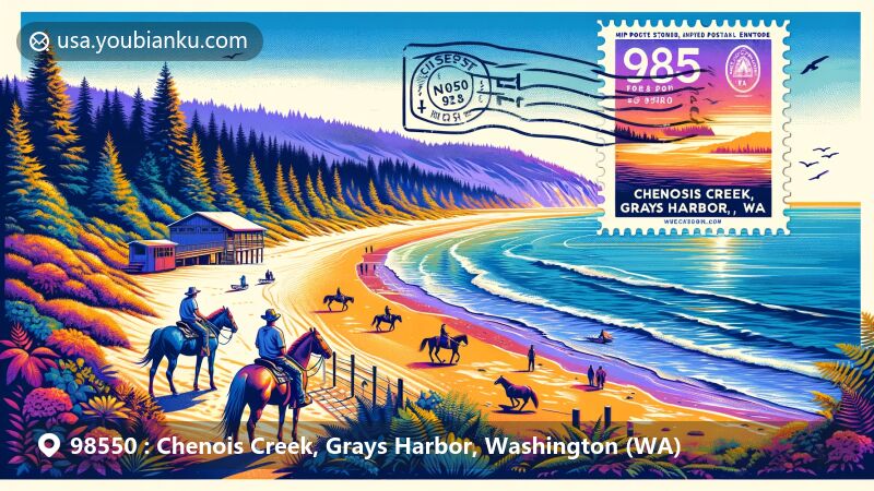 Modern illustration of Chenois Creek, Grays Harbor, Washington, showcasing riders on horses at the sandy beach near the Pacific Ocean, embodying Chenois Creek Horse Rentals. Includes Quinault Rain Forest silhouette and lush Grays Harbor backdrop within a postal theme.