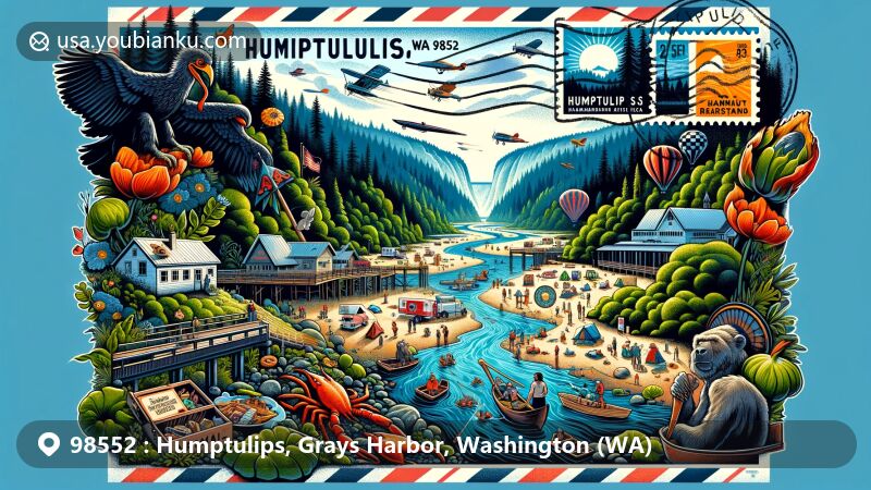Modern illustration of Humptulips, WA, ZIP code 98552, merging artistic style with postal and local landmarks, featuring Humptulips River, Quinault Rainforest, outdoor activities, and festive events like Bigfoot and pirate festivals.