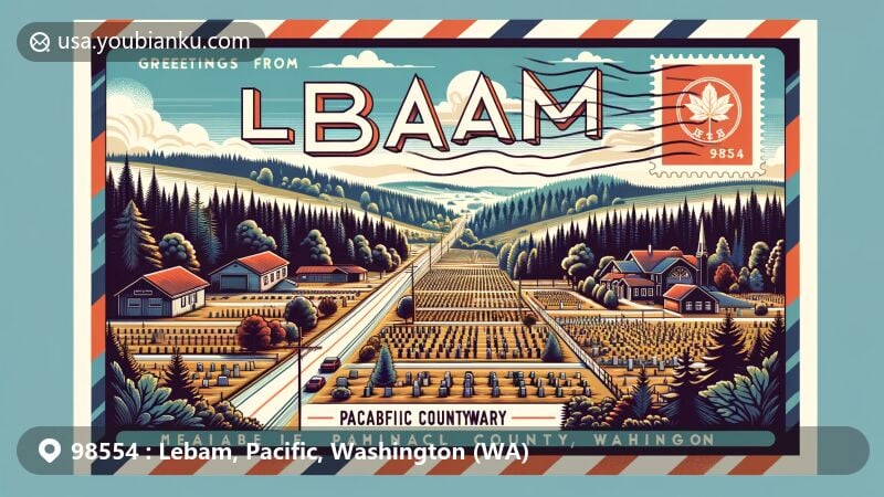Modern illustration of Lebam, Pacific County, Washington, highlighting natural beauty with forests and hills, featuring Maple Hill Cemetery as a historical symbol and Washington state flag in the background.